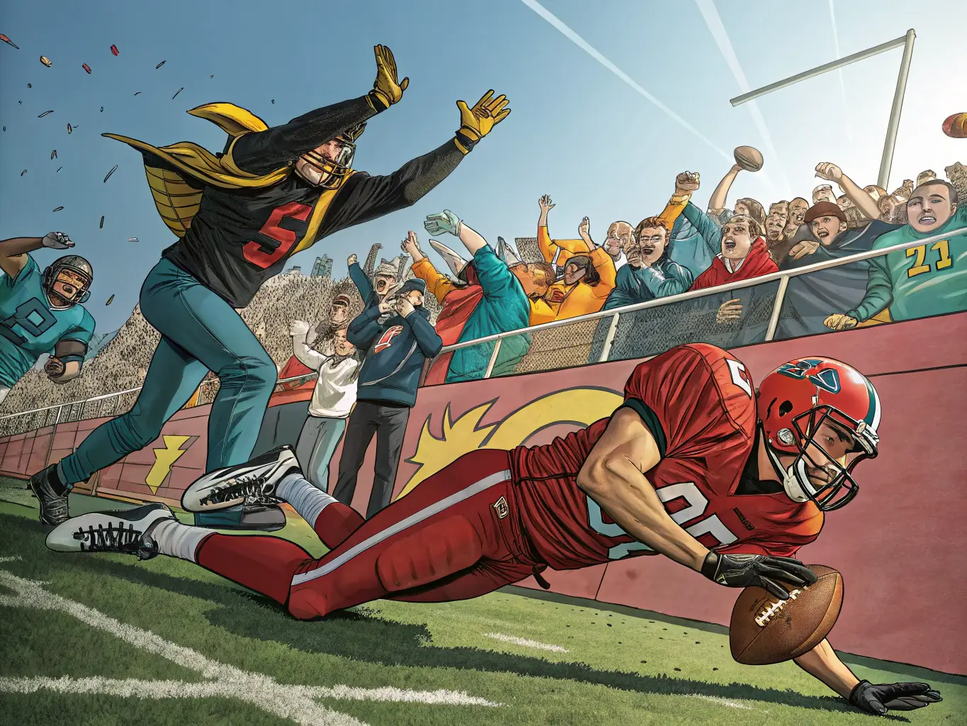 A vibrant image capturing the excitement of an AUSPS-organized local football league match, with players in action and enthusiastic spectators cheering from the sidelines.