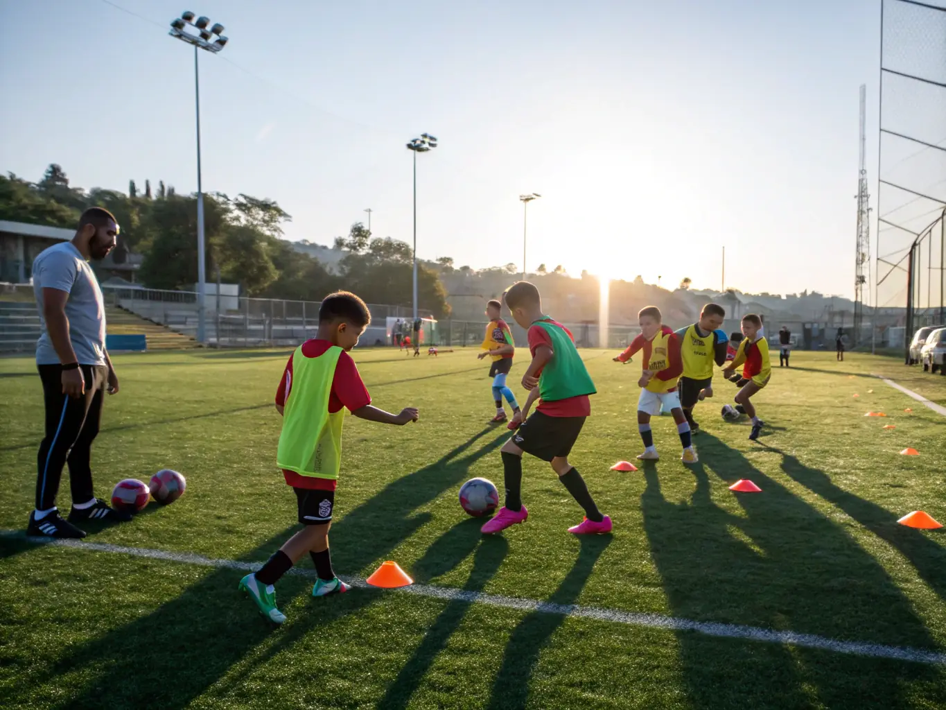 A dynamic shot of young football players in AUSPS training gear, intensely focused on a drill during a sunny afternoon practice session on the field.