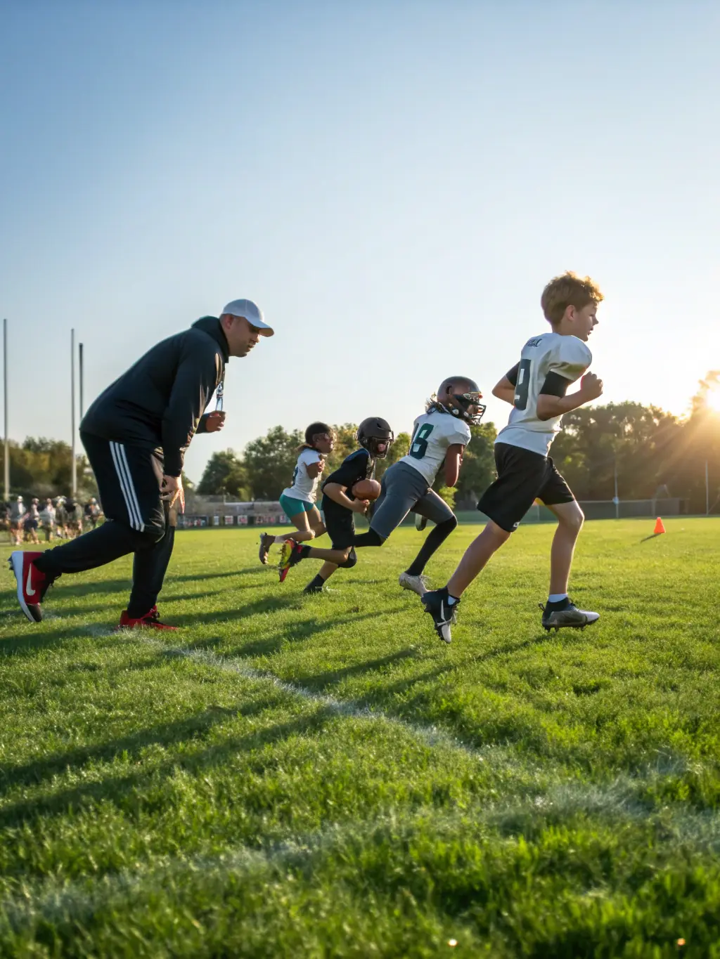 Action shot of young players participating in a fundamental football training drill at AUSPS, focusing on passing accuracy and teamwork, set against a backdrop of a sunny practice field.