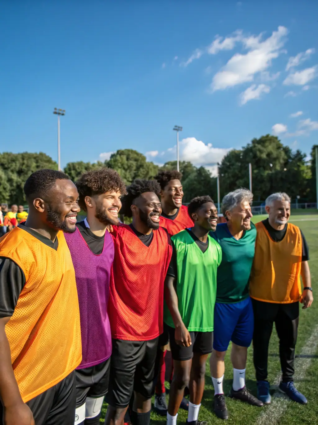 A diverse group of community members participating in a friendly football match organized by AUSPS, promoting inclusivity and community engagement.